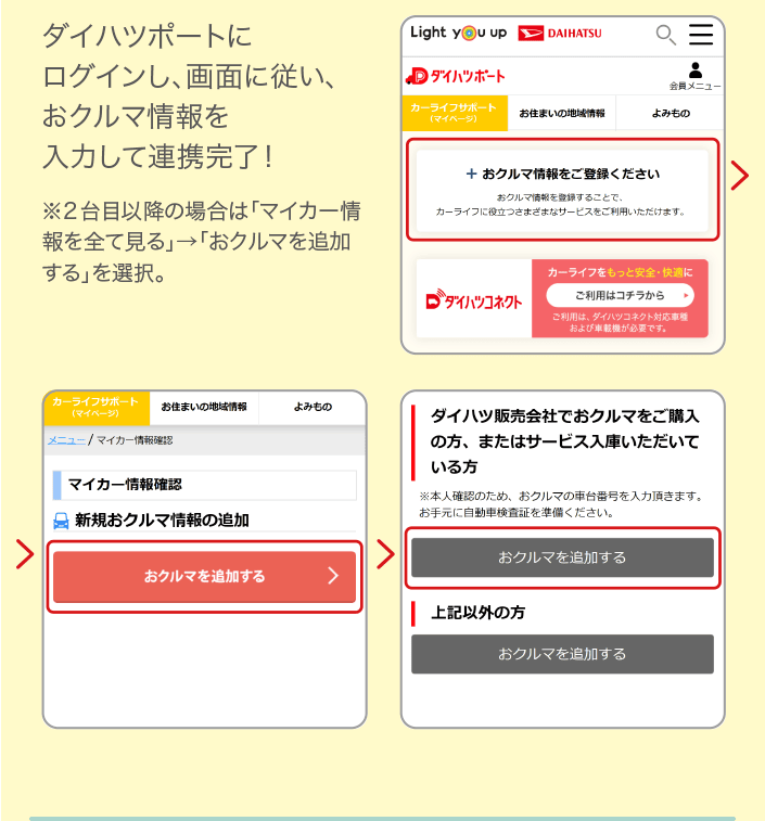 ダイハツポートにログインし、画面に従い、おクルマ情報を入力して連携完了！ ※２台目以降の場合は「マイカー情報を全て見る」→「おクルマを追加する」を選択。